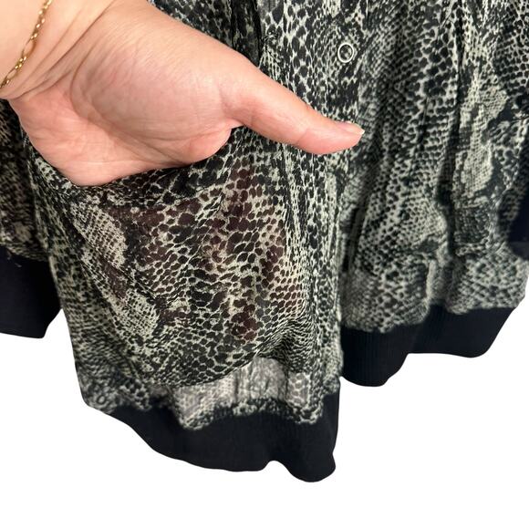 Free People Lori Bomber Jacket Oversized Sz M Black Sheer Snake-print Snap Front - Picture 7 of 14